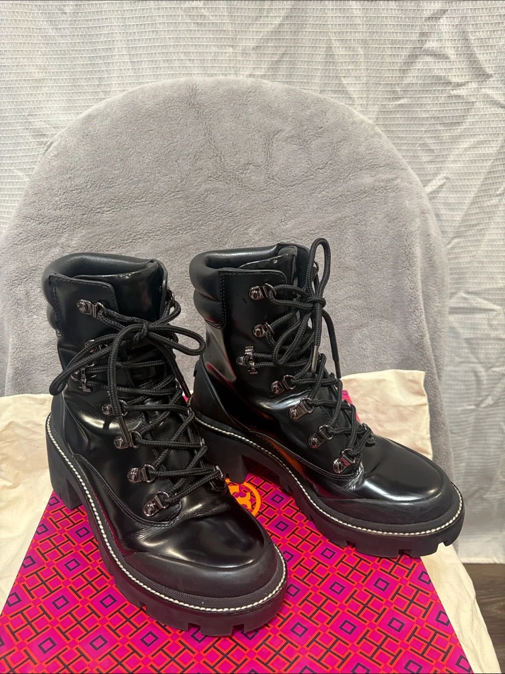 Tory Burch Black Patent Lace-Up Platform Boots